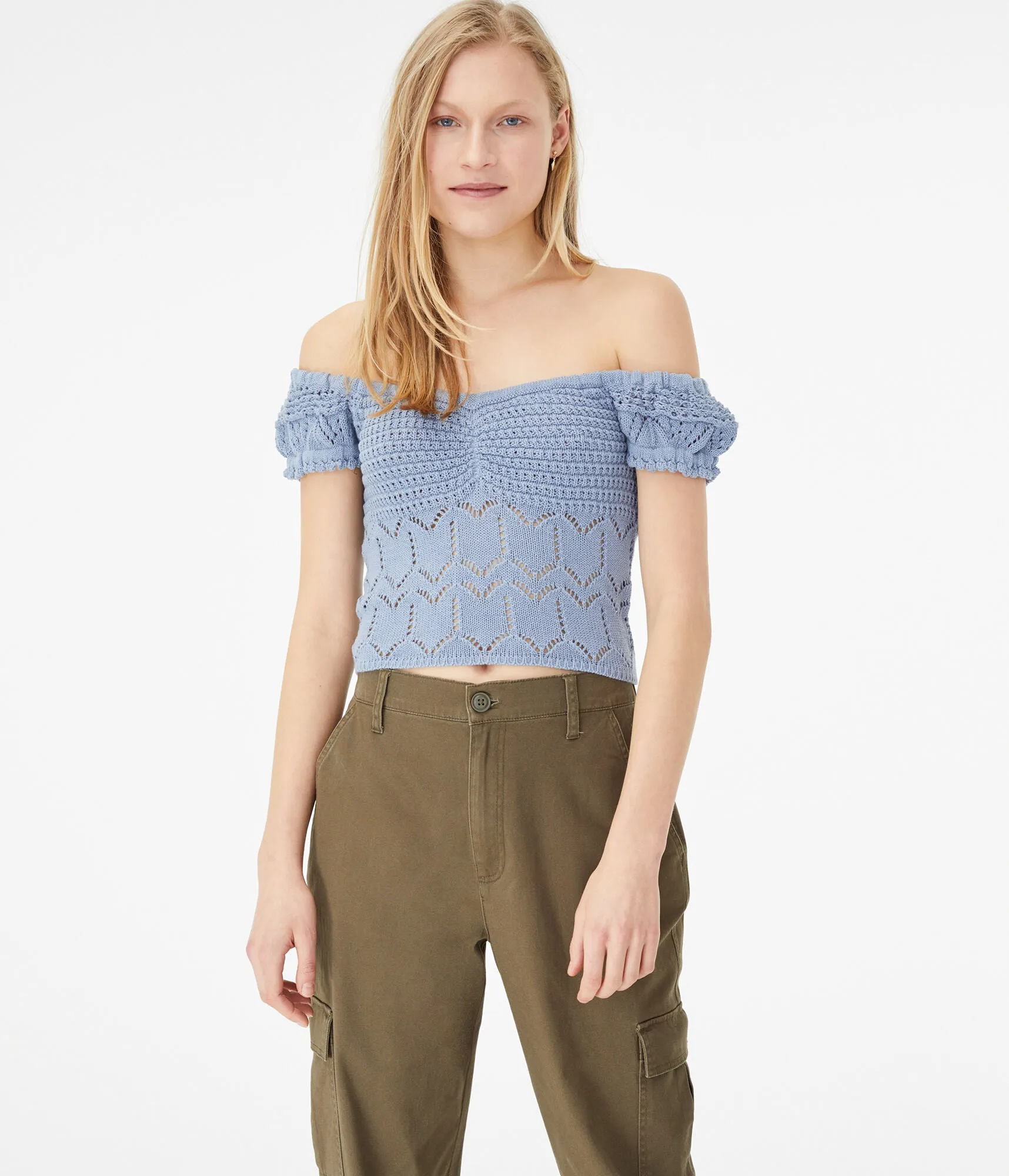 Aeropostale Damen Crochet Off-The-Shoulder Crop Top - Hellblau - Größe XXL - Baumwolle - Teen Mode & Bekleidung Silver Lake Blue Aeropostale