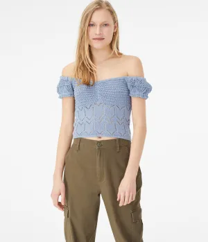 Aeropostale Damen Crochet Off-The-Shoulder Crop Top - Hellblau - Größe XXL - Baumwolle - Teen Mode & Bekleidung Silver Lake Blue Aeropostale