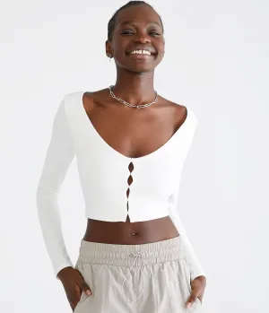 Aeropostale Damen Langarm Peekaboo Ausschnitt Cropped Top - Weiß - Größe XXL - Baumwolle - Teen Mode & Bekleidung Creme Aeropostale