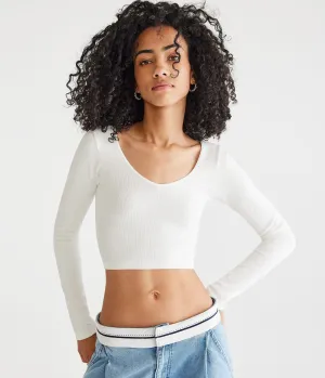 Aeropostale Damen Langarm Nahtlos Tragbar 3-Wege Crop Top - Weiß - Größe M - Nylon - Teen Mode & Bekleidung Creme Aeropostale