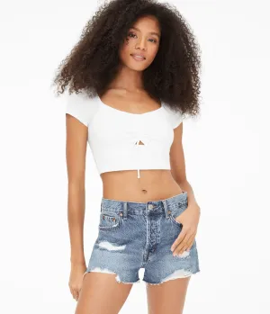 Aeropostale Damen Rüschen-Keyhole-Crop-Top - Weiß - Größe XXL - Baumwolle - Teen-Mode & Bekleidung Creme Aeropostale