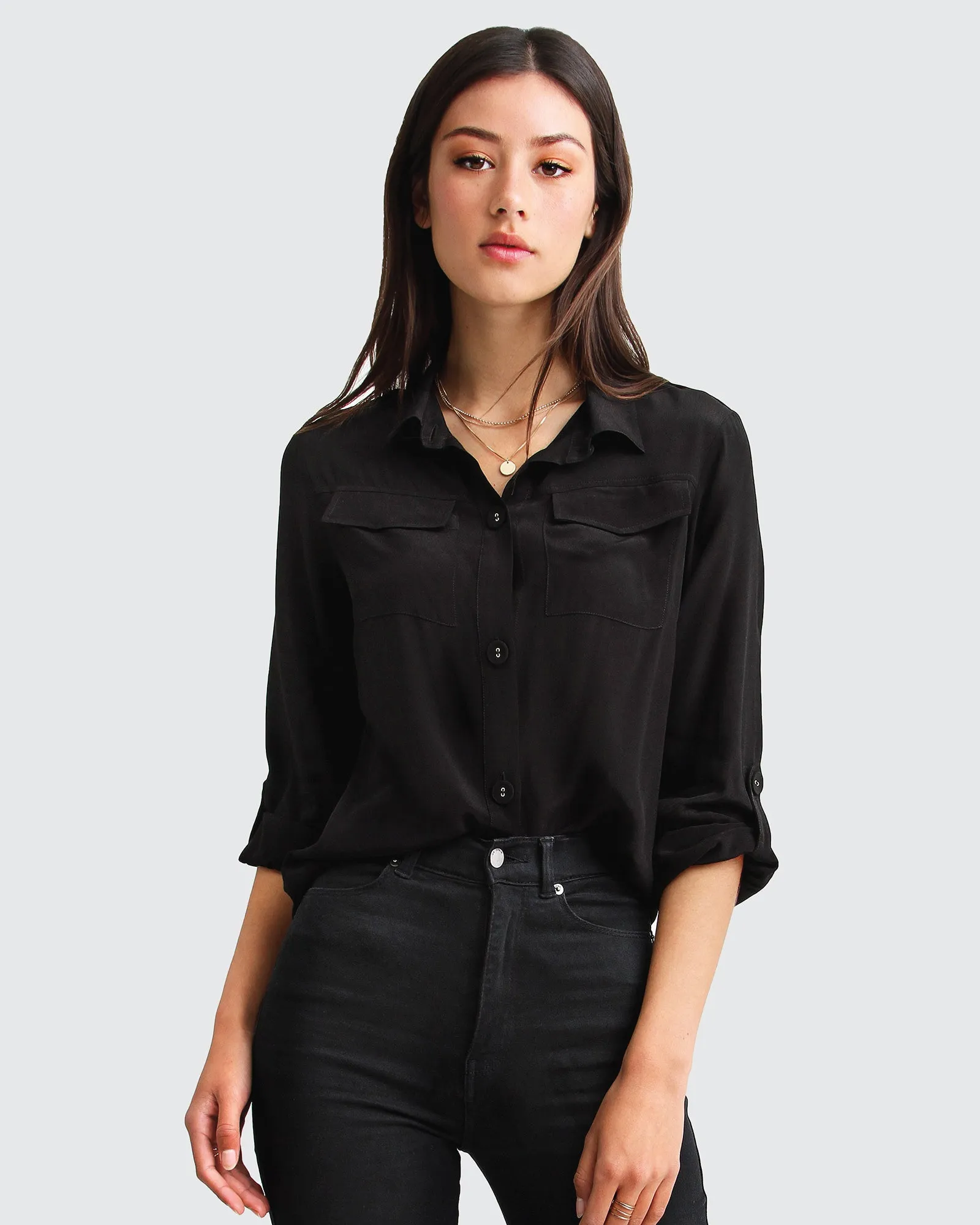 Eclipse Bluse mit aufgerollten Ärmeln - Schwarz