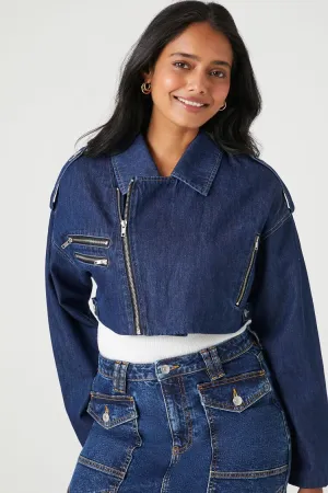 Forever 21 Damen Cropped Reißverschluss Moto Jacke Denim Forever 21