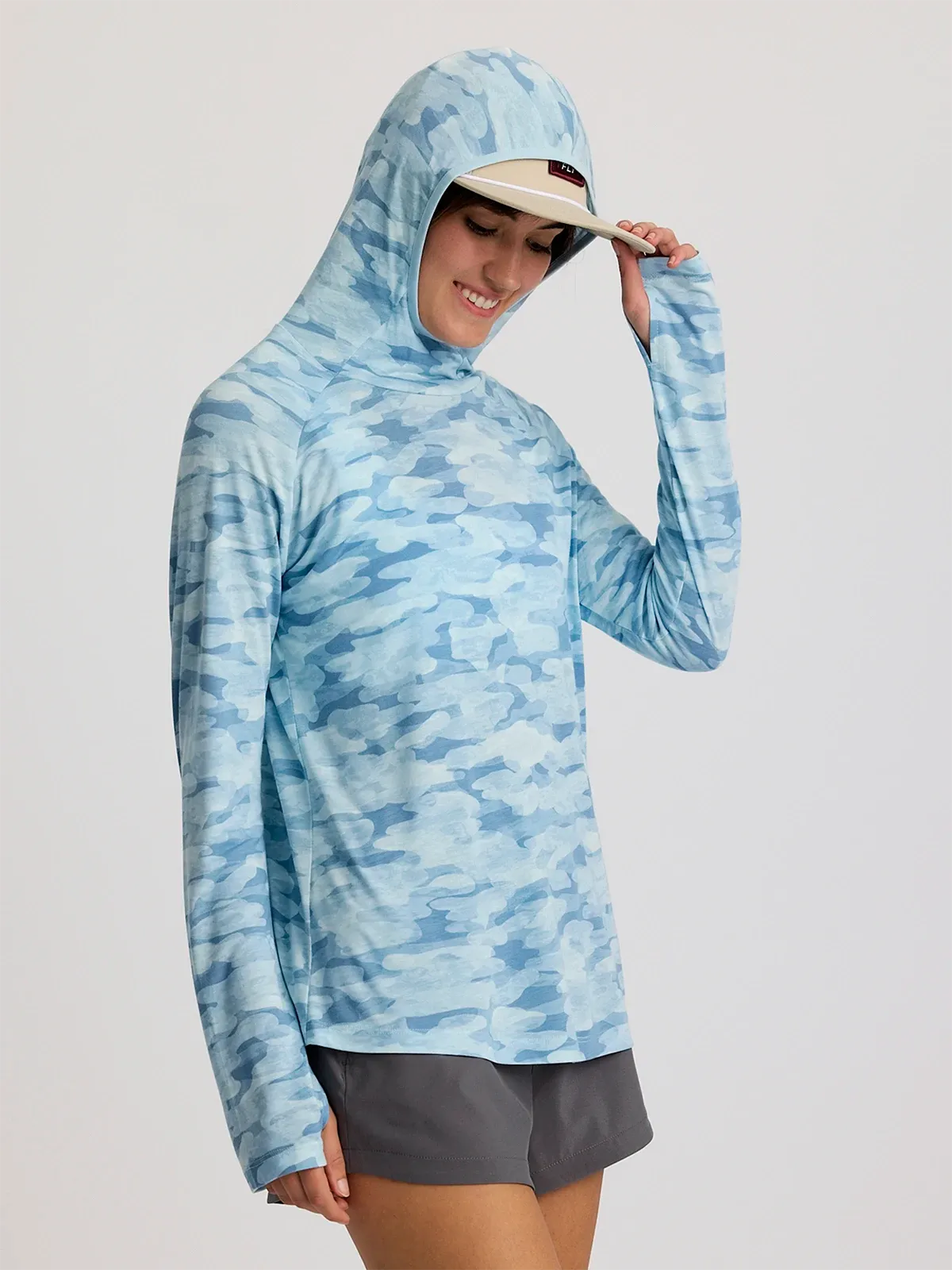 Free Fly Bamboo Leichte Kapuzenjacke II Langarm-Shirt – Seasmoke Camo Surf Blau