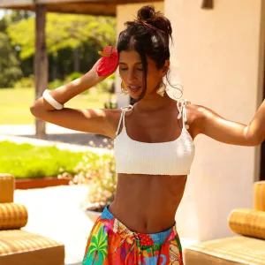 KULANI KINIS Einfaches Rüschen-Bändchen-Crop-Top - Naturweiß