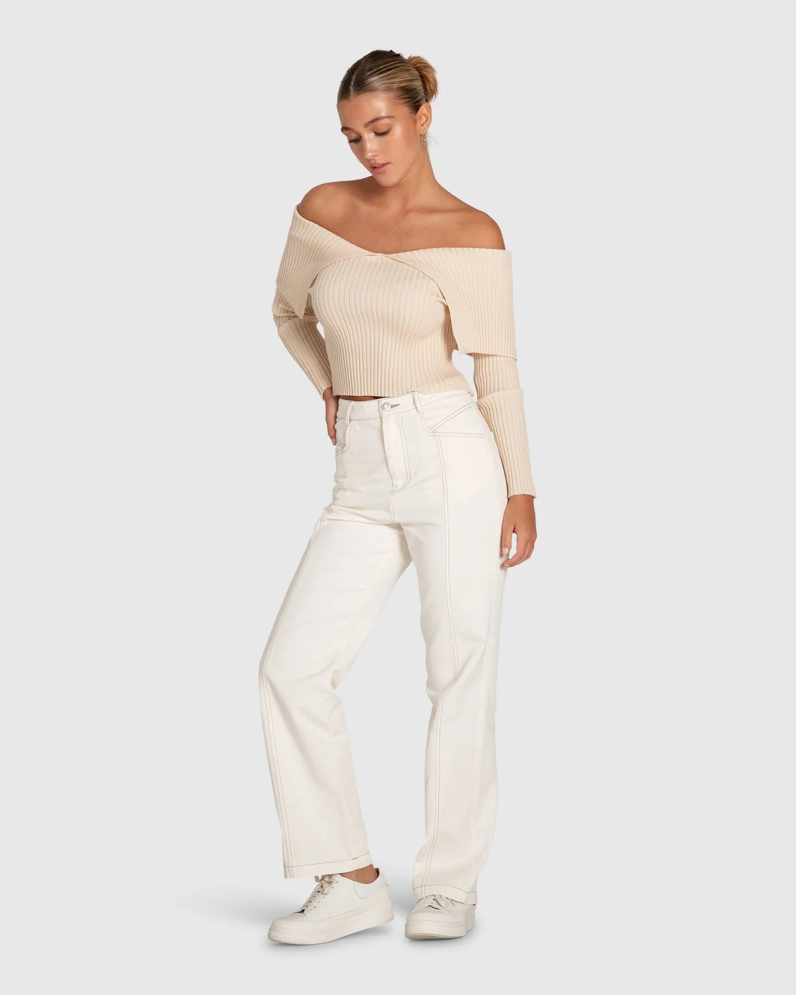 More Than Words Kragenloser Strickpullover - Creme
