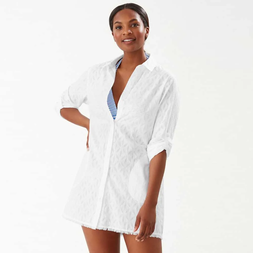 Damen Tommy Bahama Bademode Tommy Bahama Baumwoll-Clip-Jacquard Boyfriend-Hemdkleid als Strandumhang - Weiß