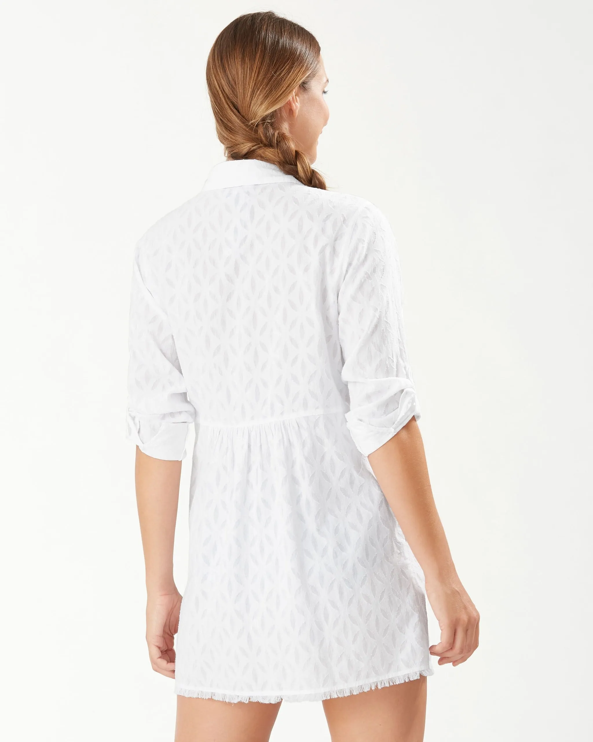 Damen Tommy Bahama Bademode Tommy Bahama Baumwoll-Clip-Jacquard Boyfriend-Hemdkleid als Strandumhang - Weiß