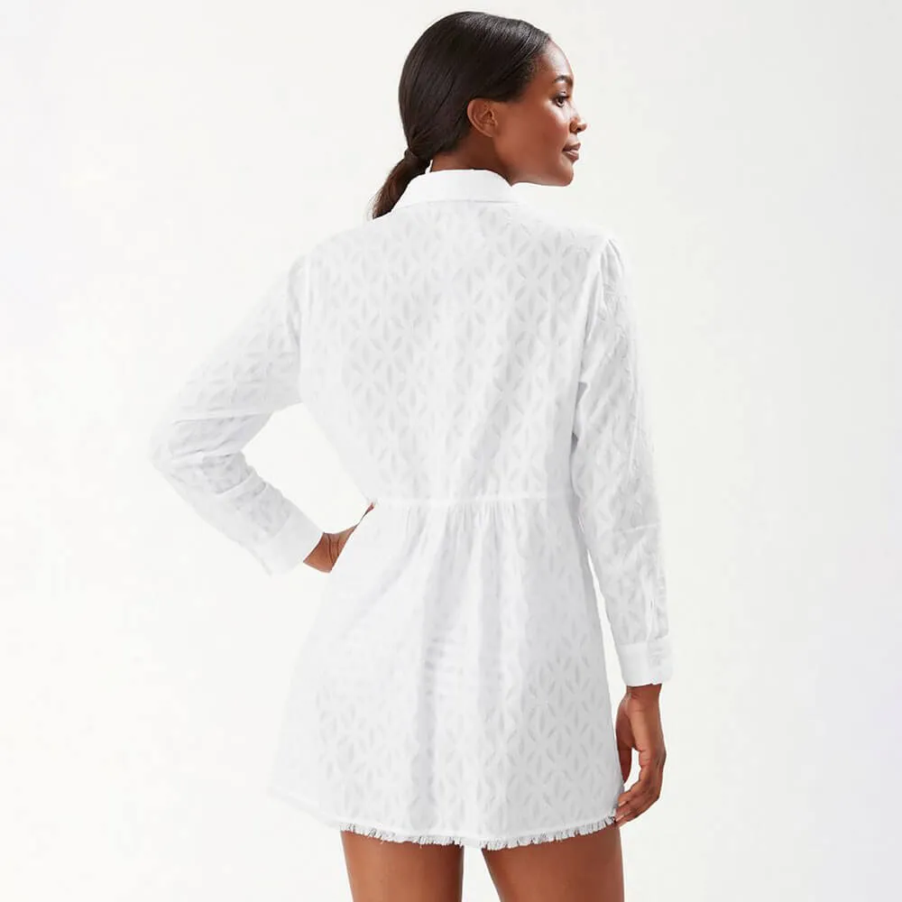 Damen Tommy Bahama Bademode Tommy Bahama Baumwoll-Clip-Jacquard Boyfriend-Hemdkleid als Strandumhang - Weiß