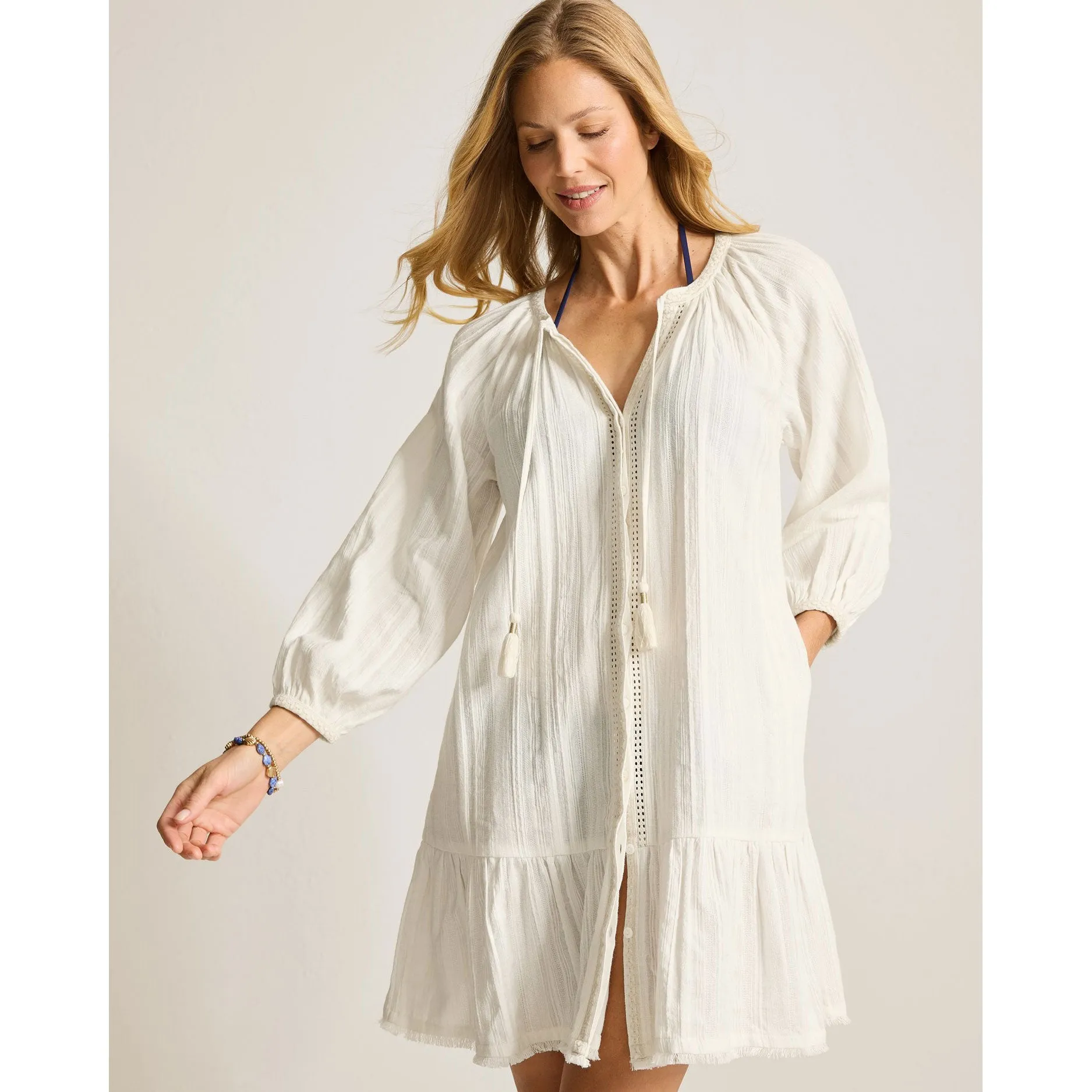 Damen Tommy Bahama Bademode Tommy Bahama Mykonos Texturiertes Knopfkleid als Strandumhang - Kokosnuss