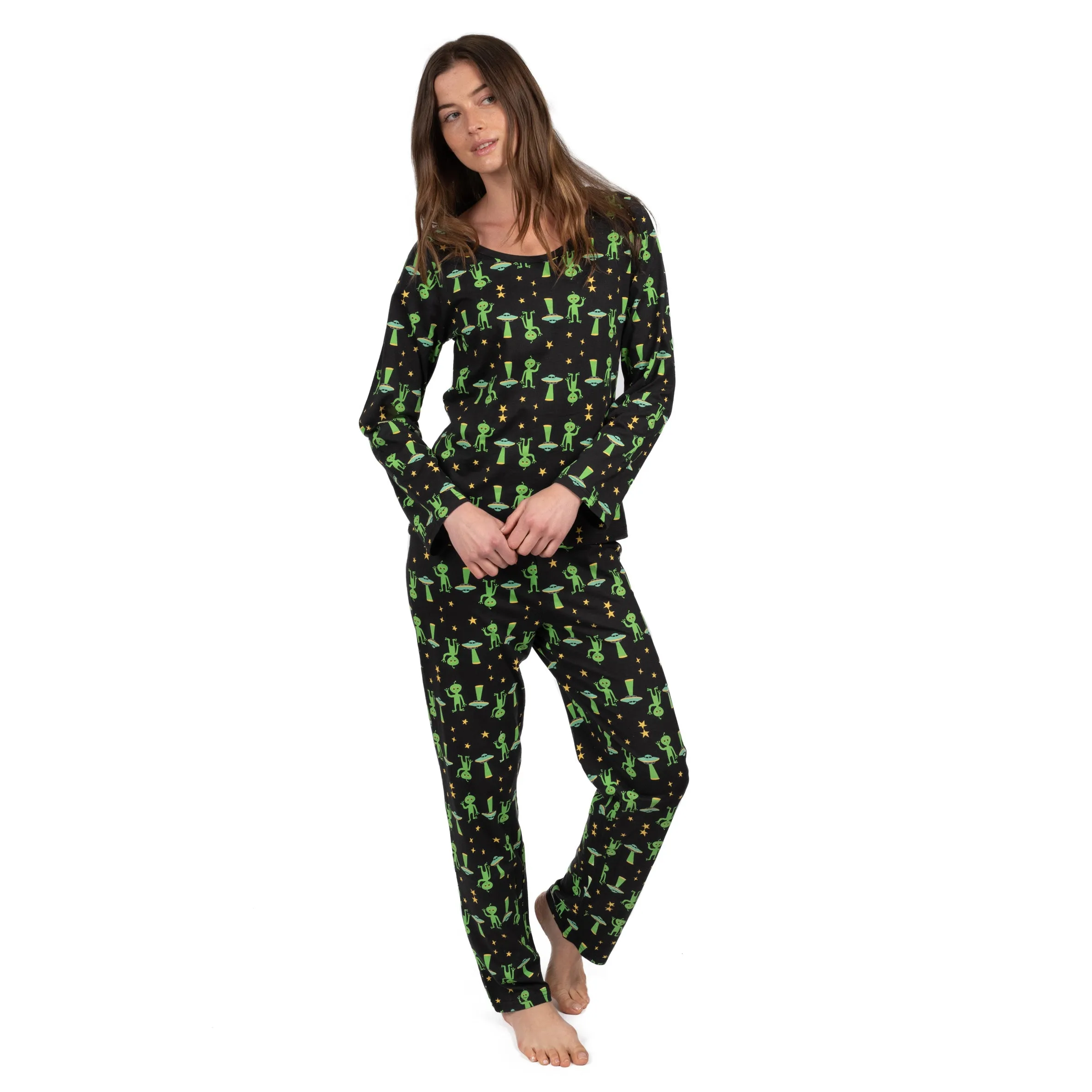 Damen-Zweiteiler aus Baumwolle, locker sitzender Pyjama mit Alien-Motiv